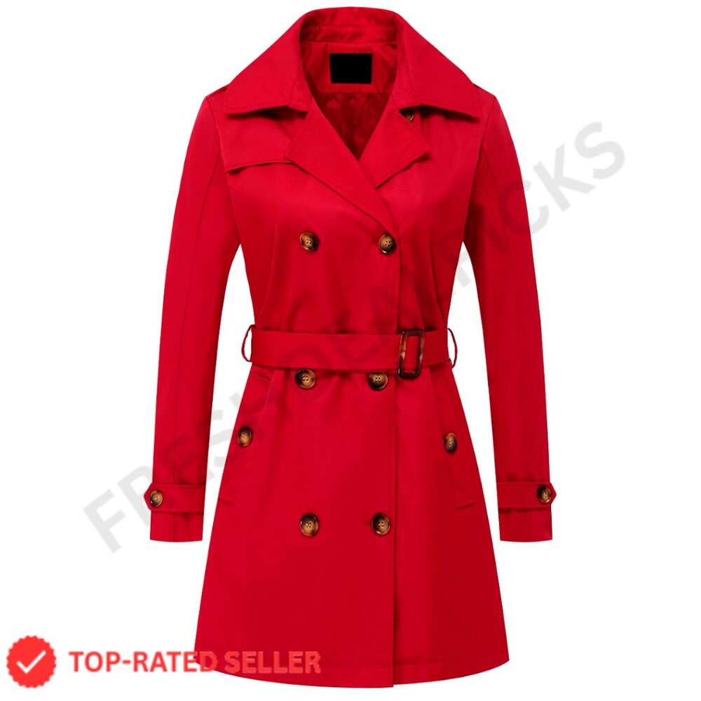 Women's Double Breasted Trench Coat Mid-Length Belted Overcoat with Detachable